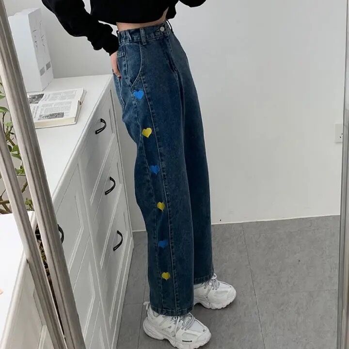 Jiashucheng Quần Jean Nữ Lưng Cao Ống Rộng Thêu Hình Trái Tim Dễ Phối Đồ Thời Trang Xuân Thu