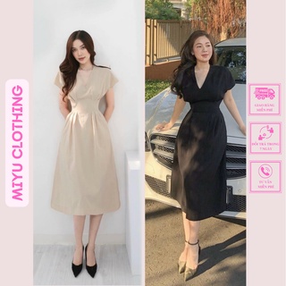 Đầm đi tiệc cưới sang trọng chất liệu Linen đầm nữ công sở cao cấp cổ tim dáng suông thiết kế đi ăn tiệc Miyuclothing