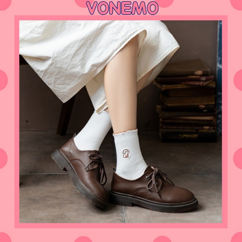 Tất bèo Vonemo nữ cổ cao vintage thêu họa tiết cún ngồi cực yêu TN70