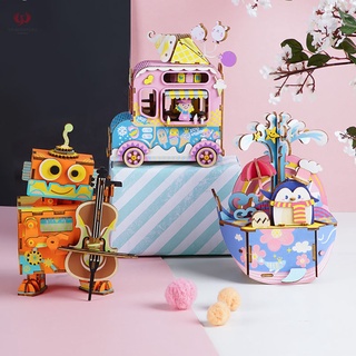 Hand Crank Music Box 3D Wooden Puzzle DIY Assemble Toys Gift for Kids Children Girls