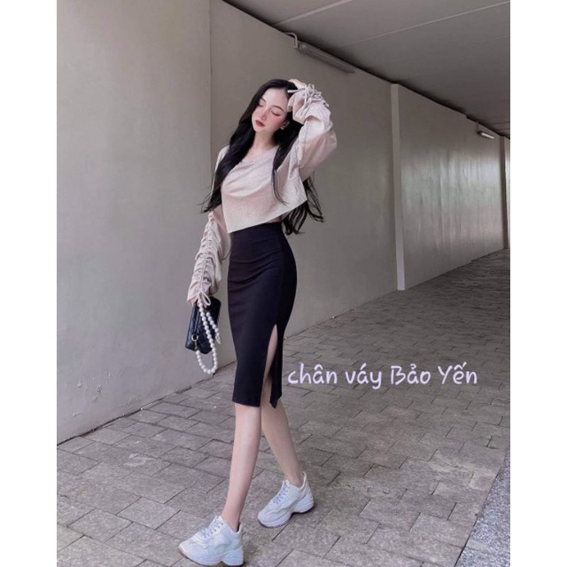 Chân váy bút chì tới gối xẻ sườn- M89