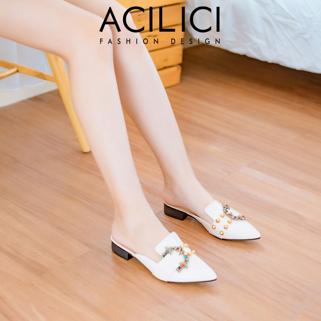 Giày sục nữ ACILICI thời trang, giày búp bê nữ đế vuông thời trang mũi nhọn phối đá nhiều màu sắc gót cao 2cm_TC054 | BigBuy360 - bigbuy360.vn
