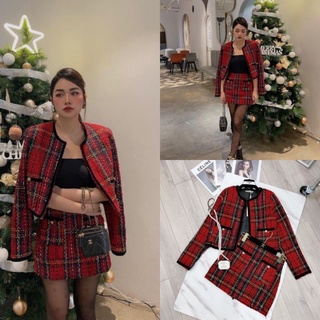 Set Dạ Đỏ kẻ caro viền nhung