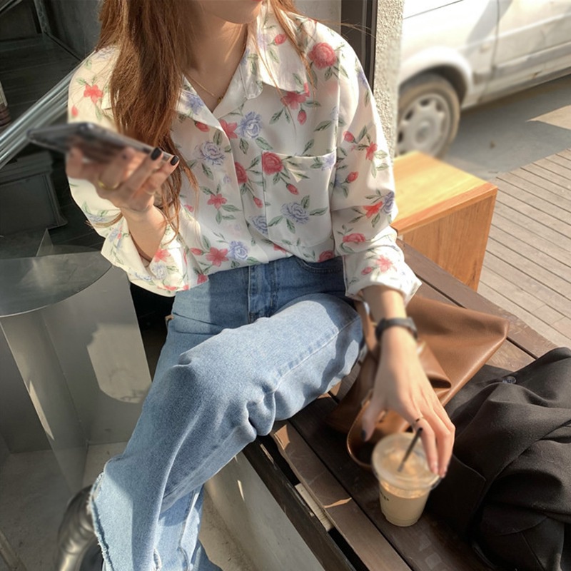 Áo Sơ Mi Chiffon Tay Dài Họa Tiết Hoa Thời Trang Cho Nữ