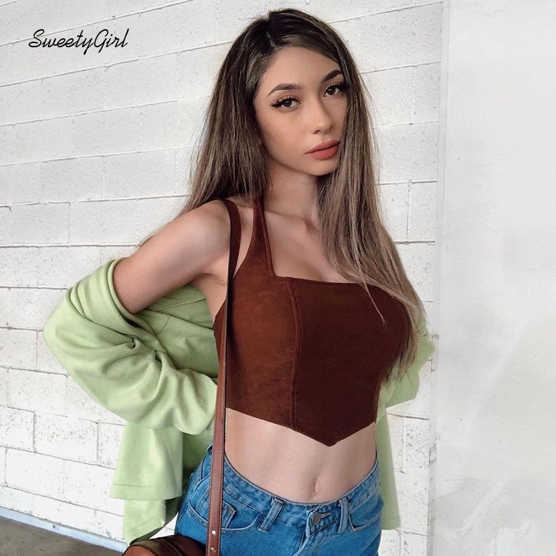 Áo lửng không tay hai dây màu sắc đơn giản phối khóa kéo cho nữ