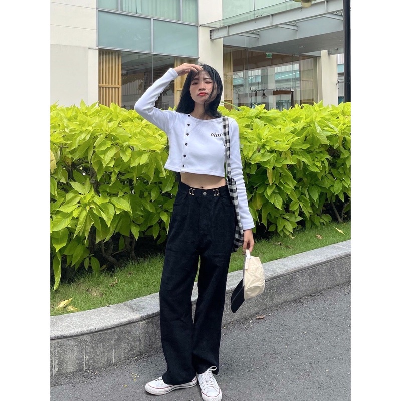 Áo Croptop OIOI Nữ Dài Tay Vải Thun Gân Phong Cách Ulzzang - Yowol SG