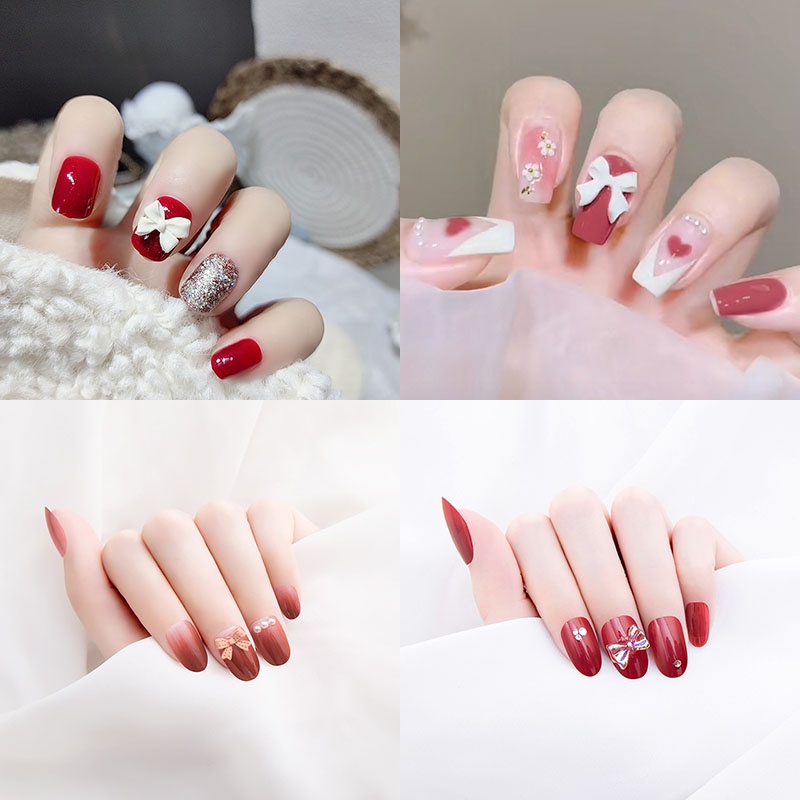 🔥Bộ 24 Móng Tay Giả Đính Nơ Đáng Yêu Kèm Keo Dán Thời Trang Cho Nữ