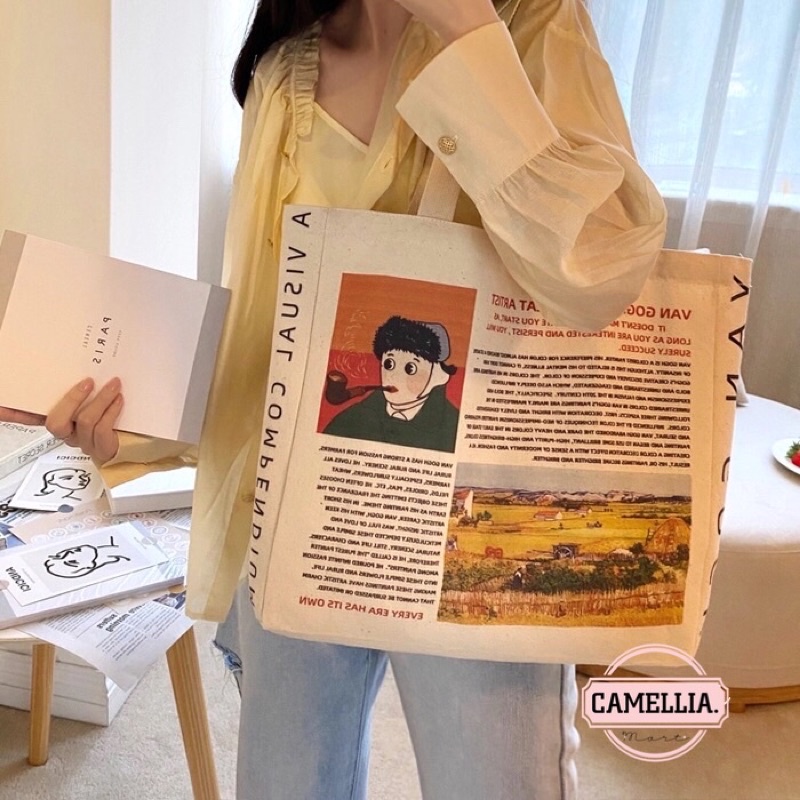 Túi tote vải Canvas vintage đeo vai (có khoá) in hình Vangogh phong cách Hàn Quốc đi học đi chơi