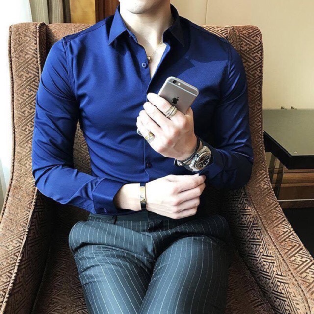 Áo Sơ mi nam Xanh Dương Cô Ban không nhăn, Sơ mi nam trơn giá rẻ