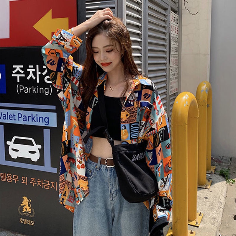 Áo Sơ Mi Tay Dài Dáng Rộng In Họa Tiết Sáng Tạo Phong Cách Hàn Quốc Thời Trang Mùa Thu Cho Nữ