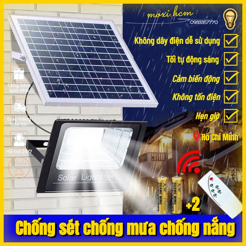 【HÀNG SẴN KÈM PIN+REMOTE】Đèn Pha Led năng lượng mặt trời 300W,200W,100W,45W,25W đủ công suất sáng liên tục MOXI.