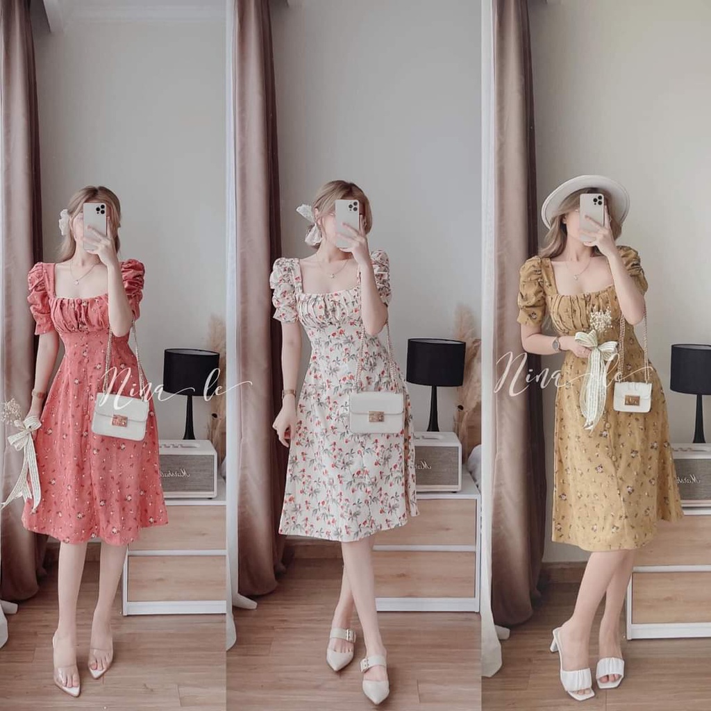 Đầm hoa dáng xòe xếp ly có mút ngực cổ vuông tay phồng dịu dàng nữ tính, đầm công sở hoa nhí