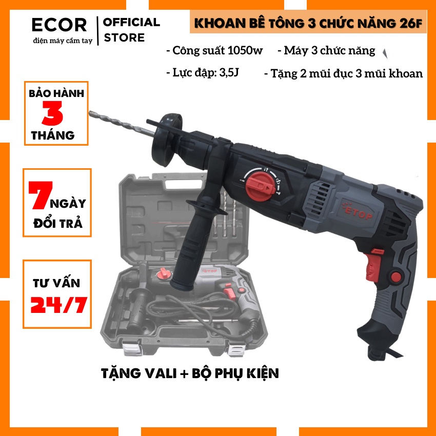 Máy khoan đục bê tông 3 chức năng XH26F chính hãng ETOP, Công suất 1050w, có đảo chiều, điều tốc | Tặng kèm valy nhựa