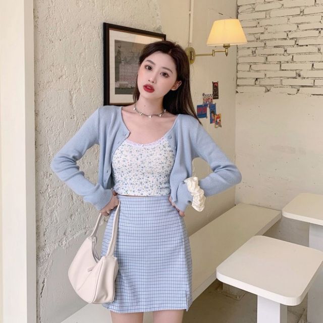 [ TẠI SHOP ] [ RẺ NHẤT ] set áo hoa 2 dây kèm áo khoác chân váy  caro xanh cực HOT rất đẹp rất sang