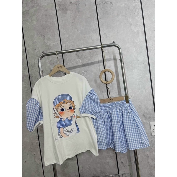 Set Bộ Áo Phông Tay Phồng Sọc In Cậu Bé  Kèm Short Đùi Sọc