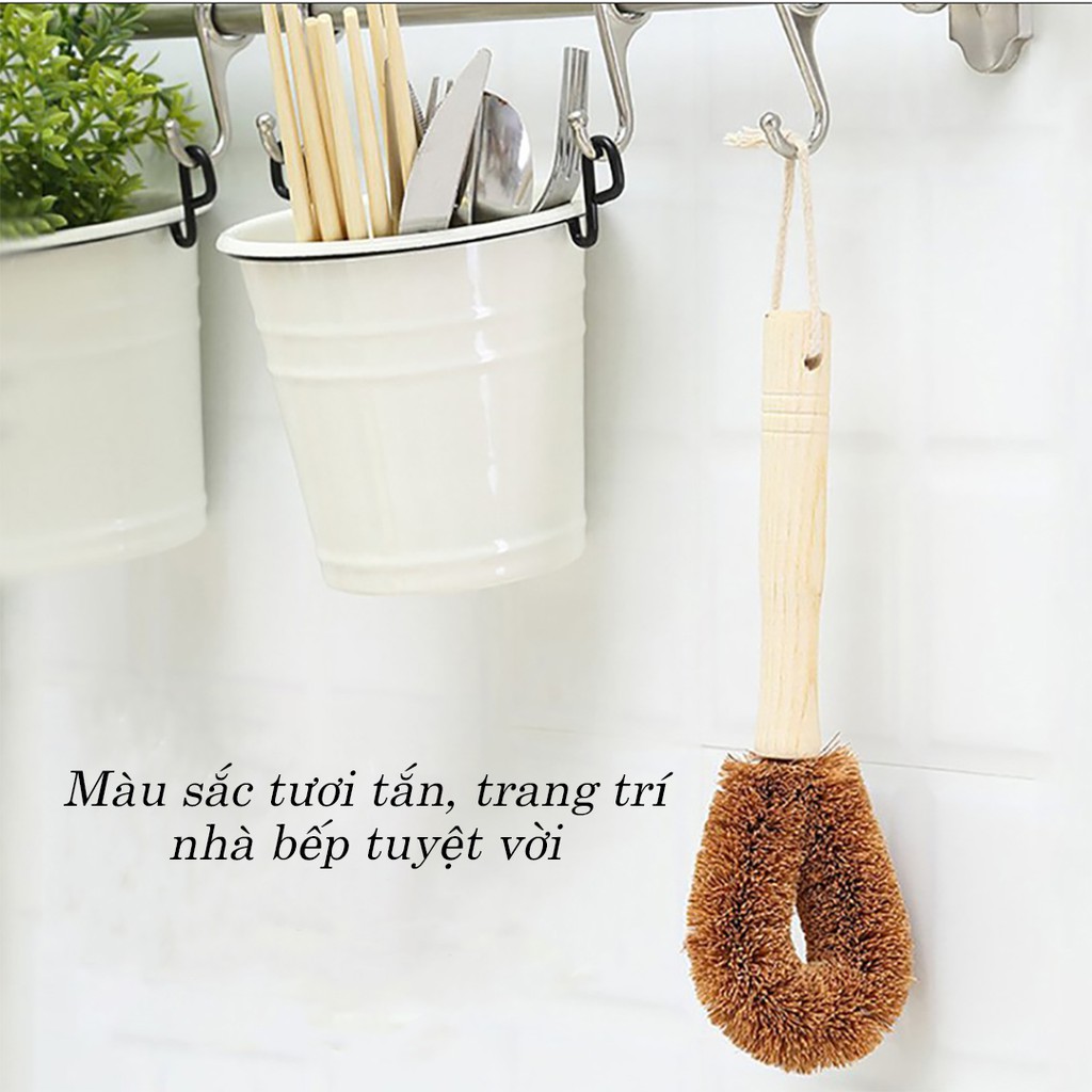 Bàn chải rửa bát nồi bằng xơ dừa tự nhiên chống dính dầu bàn chải cán gỗ dài đa năng tiện lợi Phặn Phặn