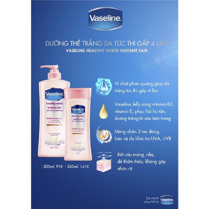 [Mã 66FMCGSALE hoàn 8% xu đơn 500K] Sữa dưỡng thể Vaseline Healthy White Instant Fair 350ml