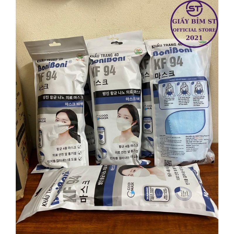 Túi 10 cái khẩu trang KF94 cá kháng khuẩn 4D ôm sát mặt lọc bụi bẩn màu trắng, màu xanh