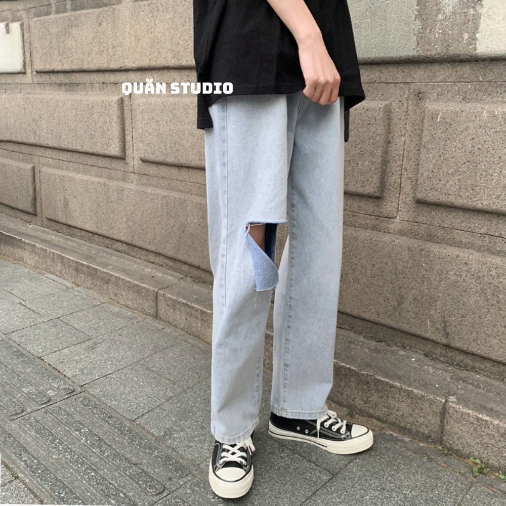 Quần Baggy Nam Rách Gối Quăn Studio - Quần Jean Nam Màu Xanh Nhạt Rách Gối Form Chuẩn Hàn Quốc QRG01