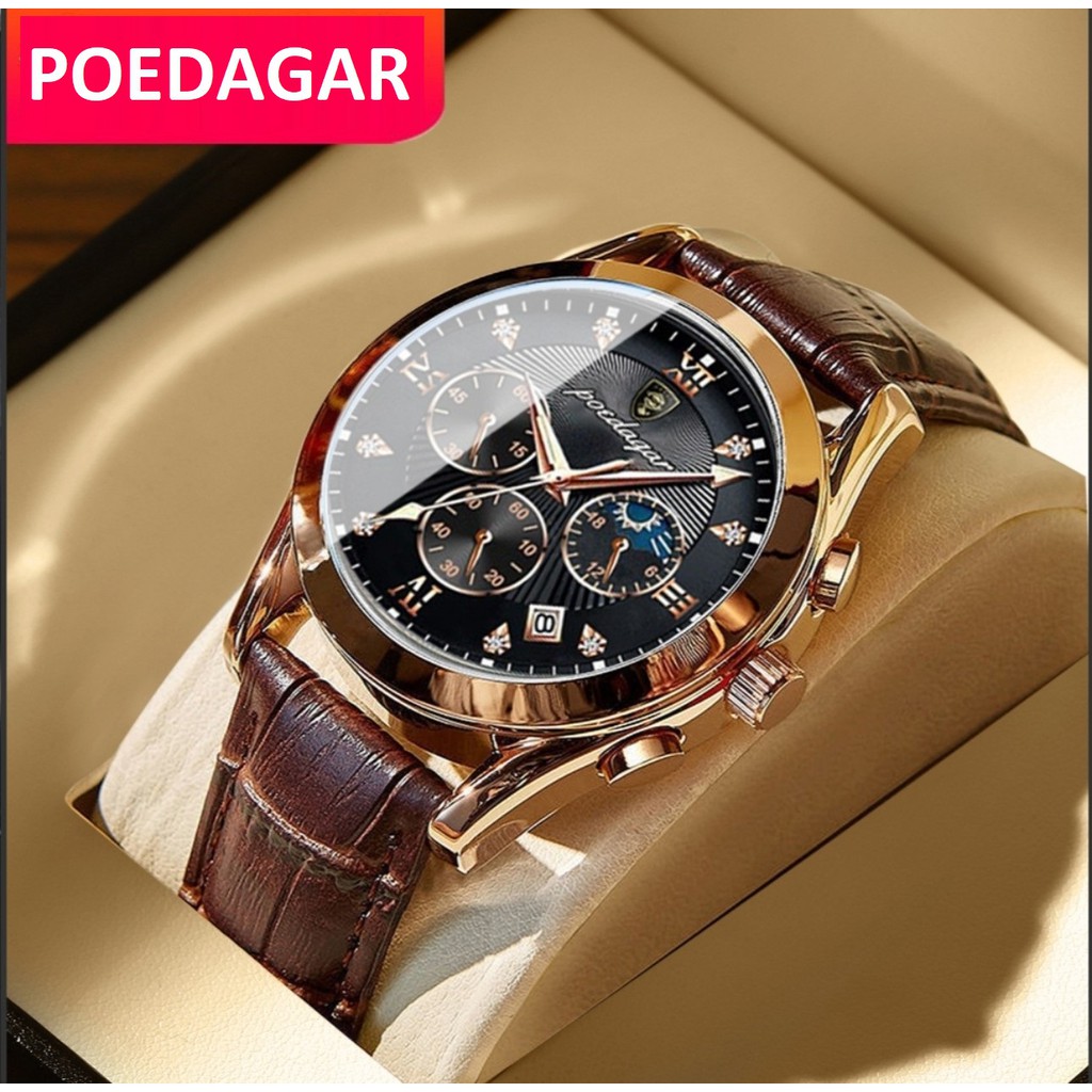 Đồng hồ Nam POEDAGAR ,có lịch, dây da thể thao , kính cường lực sapphire chống xước ,chống nước 3ATM, dạ quang ban đêm.