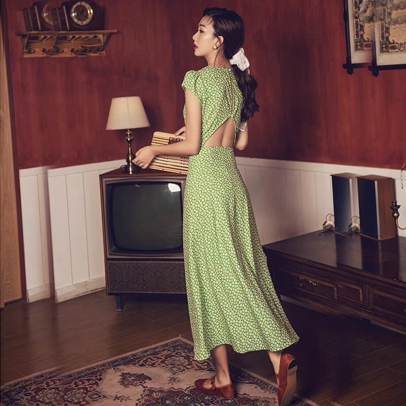 Sẵn - Váy maxi xanh phong cách retro