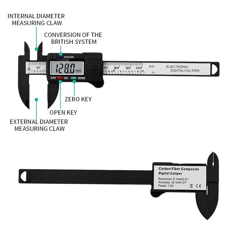 Thước cặp kỹ thuật số điện tử 150mm Thước cặp sợi carbon Quay số Vernier Thước cặp Thước đo Micrometer Công cụ đo lường Thước đo kỹ thuật số