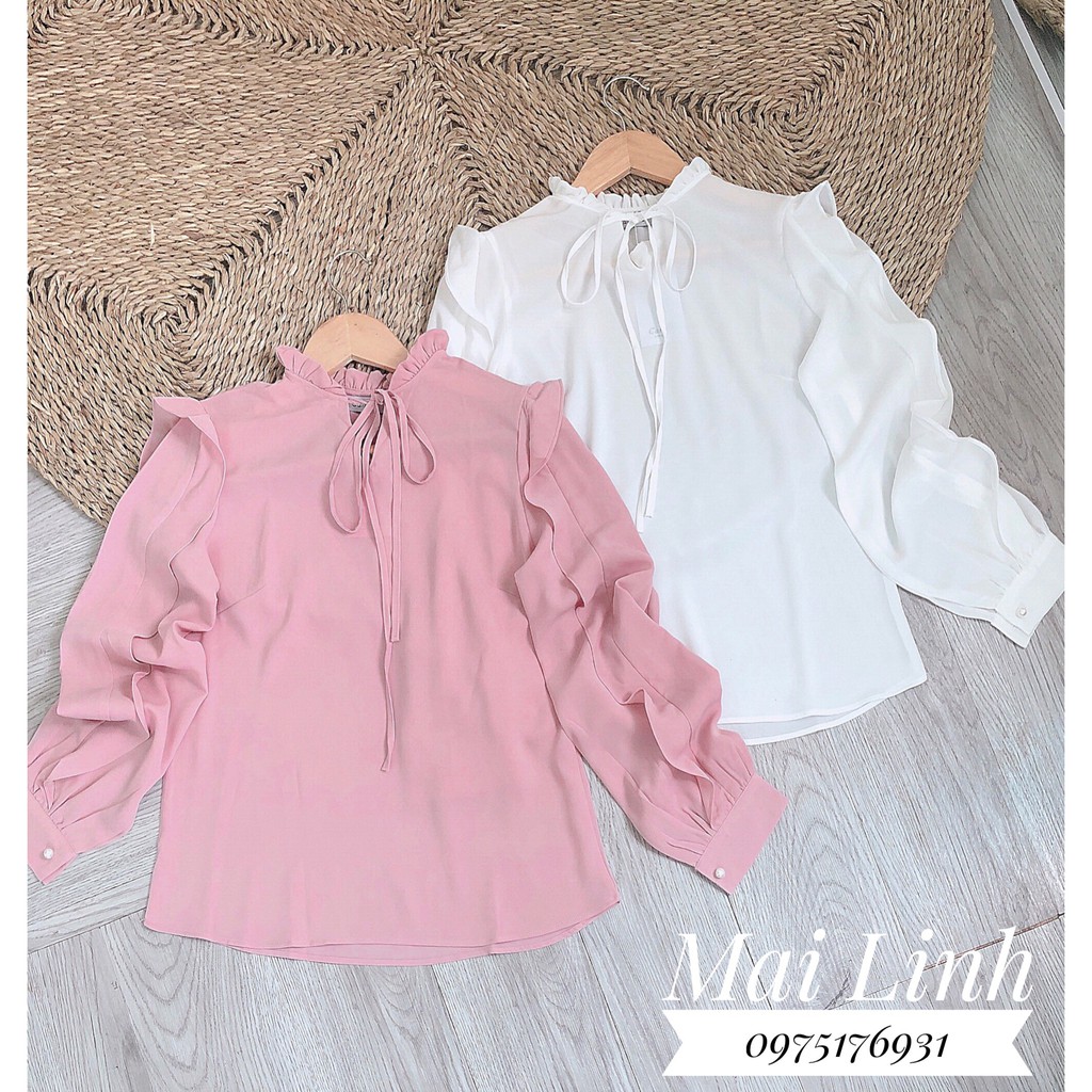 Sơ mi thiết kế- Sowmi nhún bèo đính cúc ngọc | BigBuy360 - bigbuy360.vn