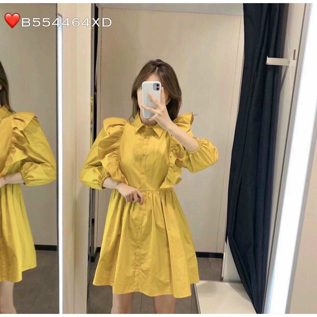 [ Miễn phí ship 2022 ] Đầm vàng babydoll cổ bèo, đầm xòe phối nút cổ sơ mi tay lỡ tiểu thư, đi chơi đi biển