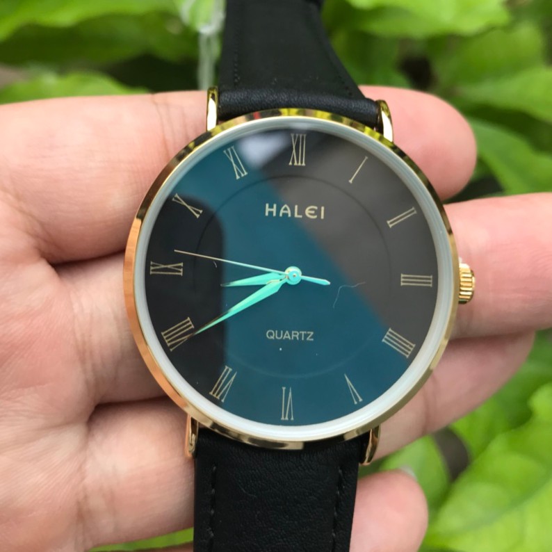 Cặp đồng hồ HALEI dây da đen mặt đen size 40mm 28mm kính chống xước, chống nước tuyệt đối HL540