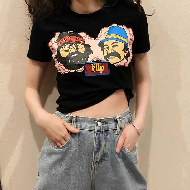 Áo Thun Lửng Ngắn Tay In Họa Tiết Dễ Thương