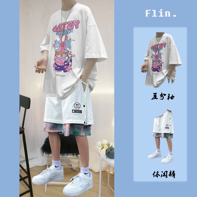 Set áo thun tay ngắn + quần short dáng rộng size lớn phong cách Hàn Quốc cho nam giới