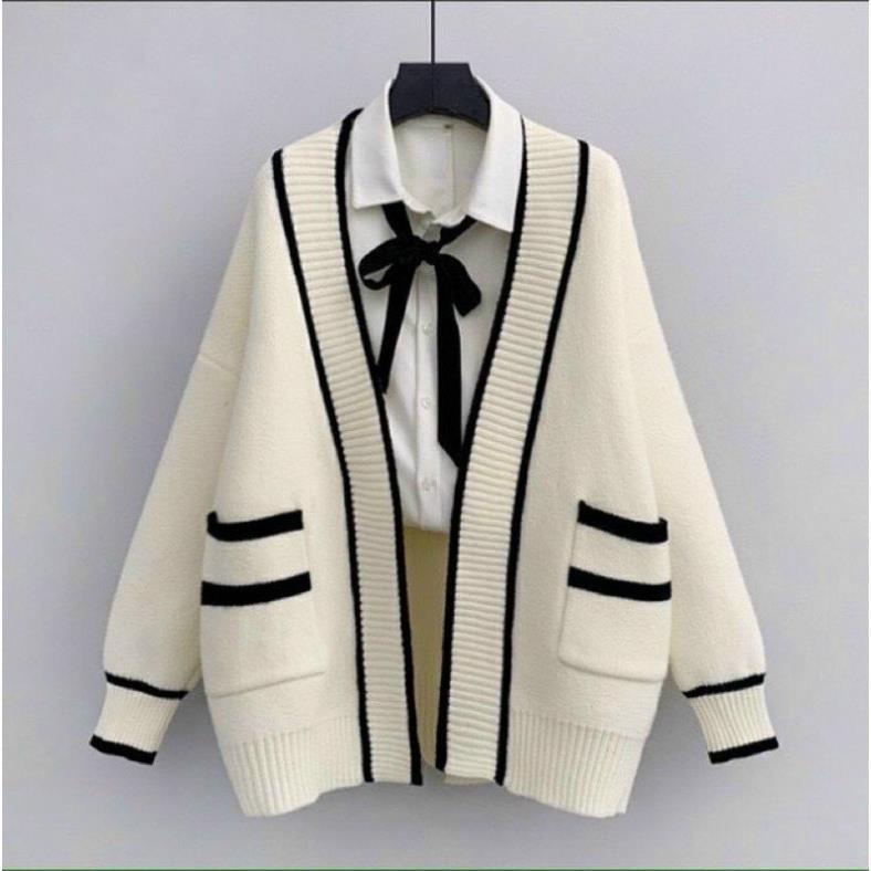 Áo Cardigan Len Nữ Dày Sọc Đen Trắng Có Túi, Cadigan Kẻ Kim Cương Ulzzang Hàn Quốc, Labibi / hường khểnh shop