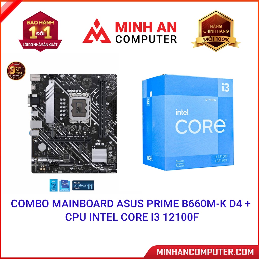 Combo Mainboard ASUS PRIME B660M-K D4 + CPU Intel Core i3 12100F - Hàng chính hãng