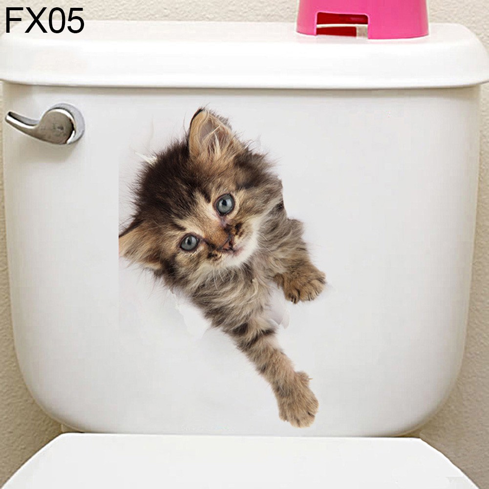 Sticker dán tường họa tiết 3D hình con chó và con mèo dùng trang trí nhà tắm , phòng ngủ