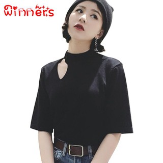 Áo thun tay ngắn cổ cắt hở phong cách retro dành cho nữ