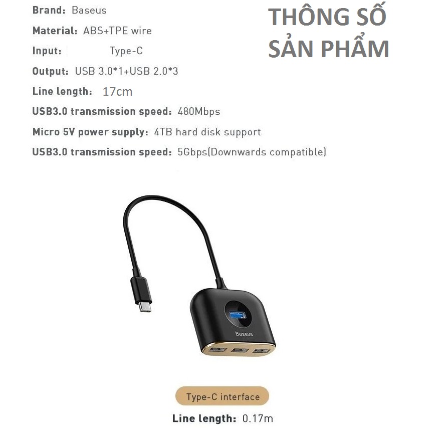 [1TypeC ra 4 USB] Hub Bộ chia cổng Baseus Square Round CAHUB-BY01