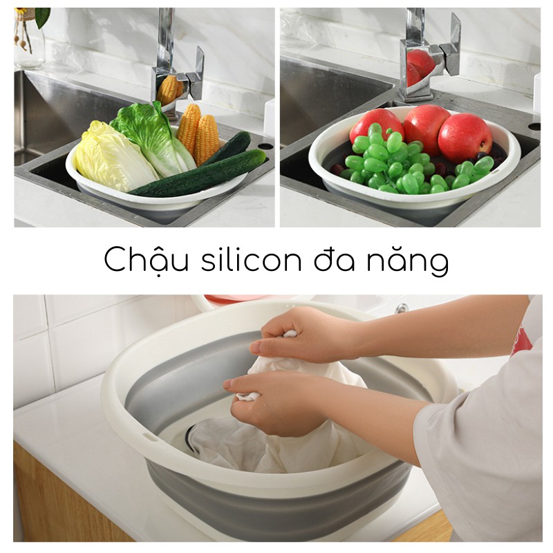 Chậu tắm cho bé gấp gọn, thau tắm silicon đa năng, kích thước vừa + lớn