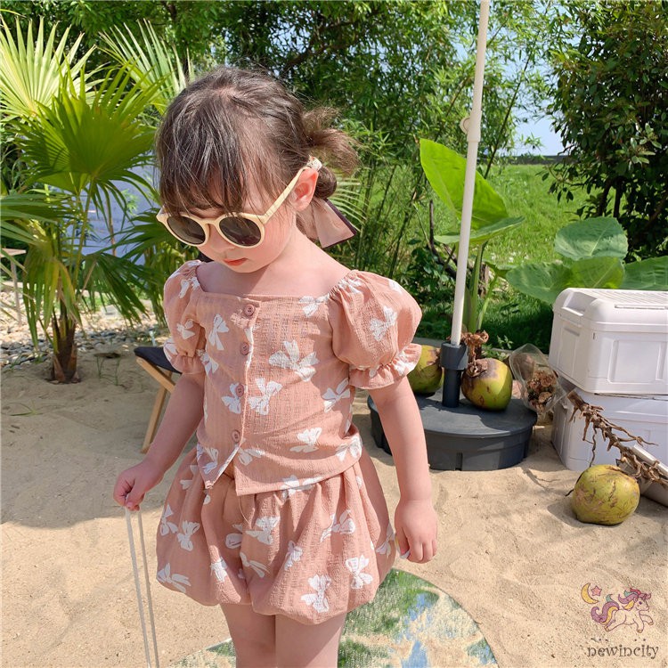 Set Áo Cổ Vuông Thắt Nơ + Quần Short Phong Cách Hàn Quốc Dành Cho Bé Gái