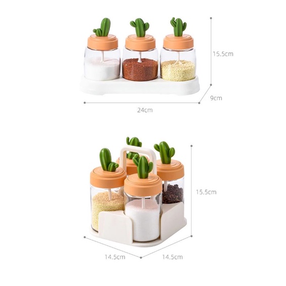 Lọ đựng gia vị thủy tinh xương rồng cao cấp, hũ bột canh kèm muỗng thìa đẹp
