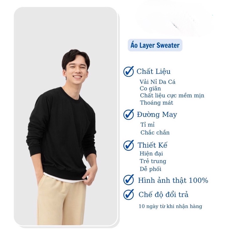 Áo dài tay nam - Áo Layer Sweater chất liệu nỉ da cá from dáng trẻ trung