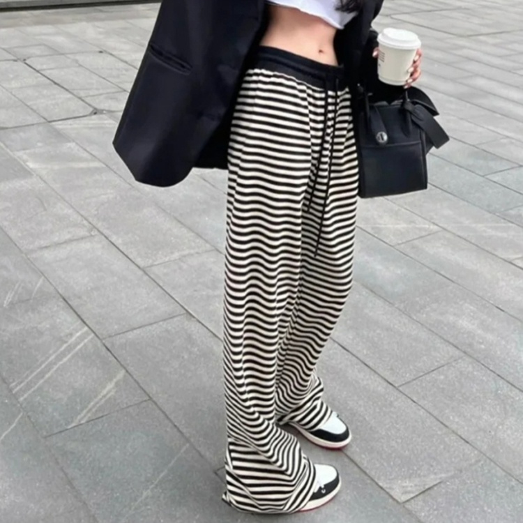 IELGY  Quần Dài Lưng Cao Dáng Rộng Họa Tiết Kẻ Sọc Trắng Đen Thời Trang Cho Nữ