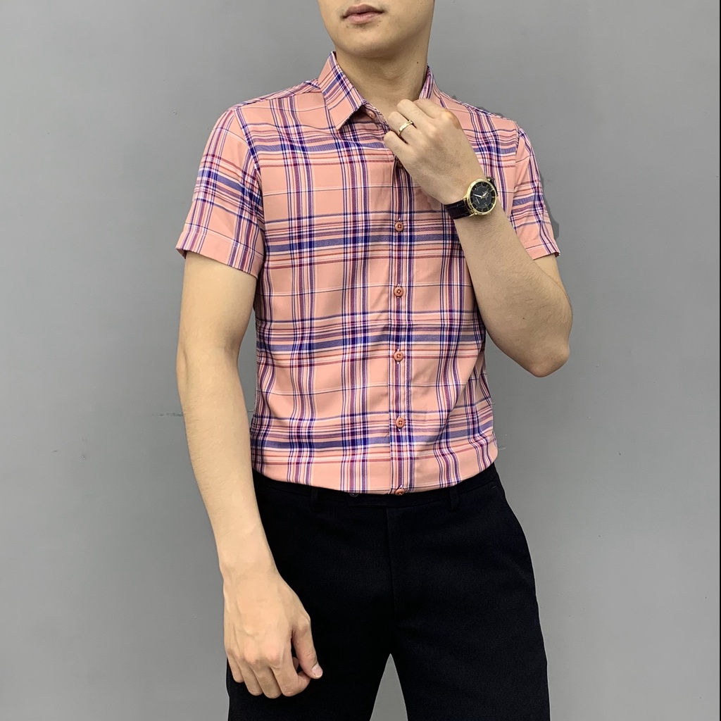 Áo sơ mi caro nam A25 Menswear ngắn tay cổ bẻ dáng ôm Hàn Quốc vải lụa thái cao cấp chống nhăn - 09233
