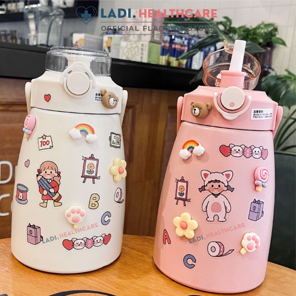 Bình giữ nhiệt 1000ml LADI tặng Sticker, inox 304 giữ nhiệt 12h, bình nước giữ nhiệt 1 lít cho bé có ống hút cute