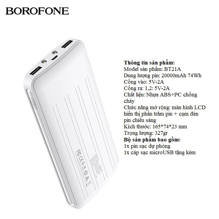 Sạc Dự Phòng Borofone BT21A Màn Hình LCD 2 Cổng USB Có Đèn Pin Dung Lượng 20000mAh