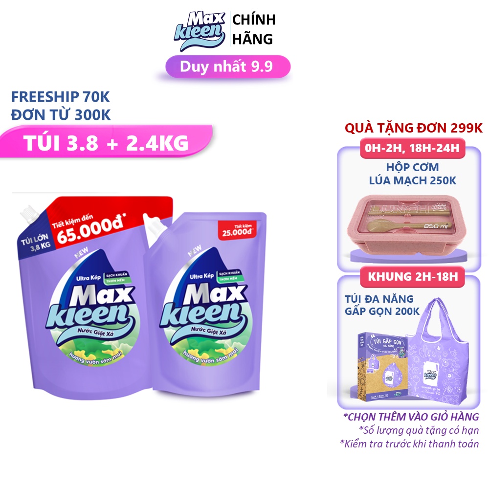 Combo 2 Túi Nước Giặt Xả MaxKleen Hương Vườn Sớm Mai 3.8kg + 2.4kg