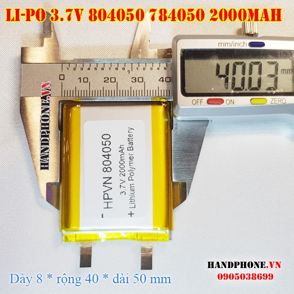 Pin Li-Po 3.7V 2000mAh 804050 784050 (Lithium Polymer) cho loa Bluetooth, định vị GPS, máy nghe nhạc, Bộ Đàm, Camera