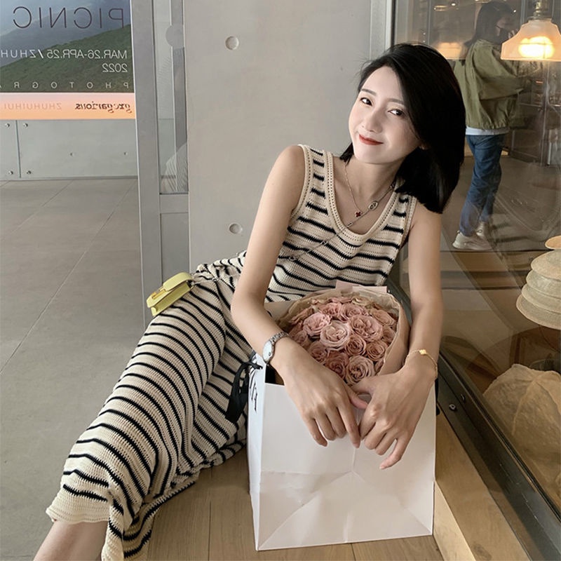 Váy Dệt Kim Sọc Cổ Điển 185445 Đầm Chữ a Không Tay Phong Cách Hàn Quốc Cổ Điển