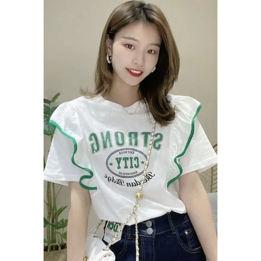 Áo Thun Cotton Tay Ngắn Phối Bèo In Chữ Thời Trang Cho Nữ