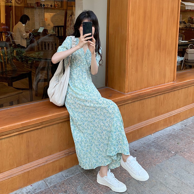 Đầm Maxi Nữ Tay Ngắn Cổ Chữ V Họa Tiết Hoa Phong Cách Hàn Quốc | BigBuy360 - bigbuy360.vn