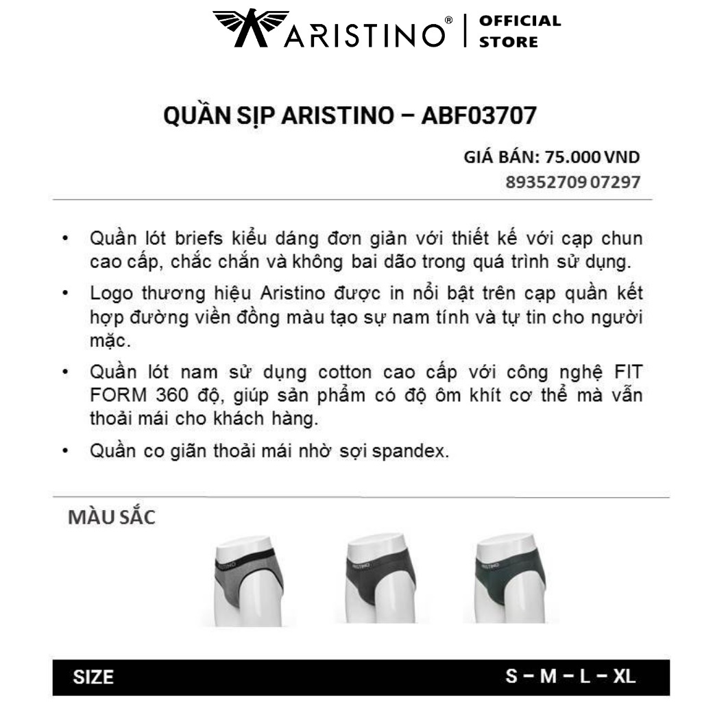Quần lót nam tam giác Aristino ABF03707 sịp brief nhiều màu chất cotton co giãn mềm mịn thoáng mát cao cấp chính hãng